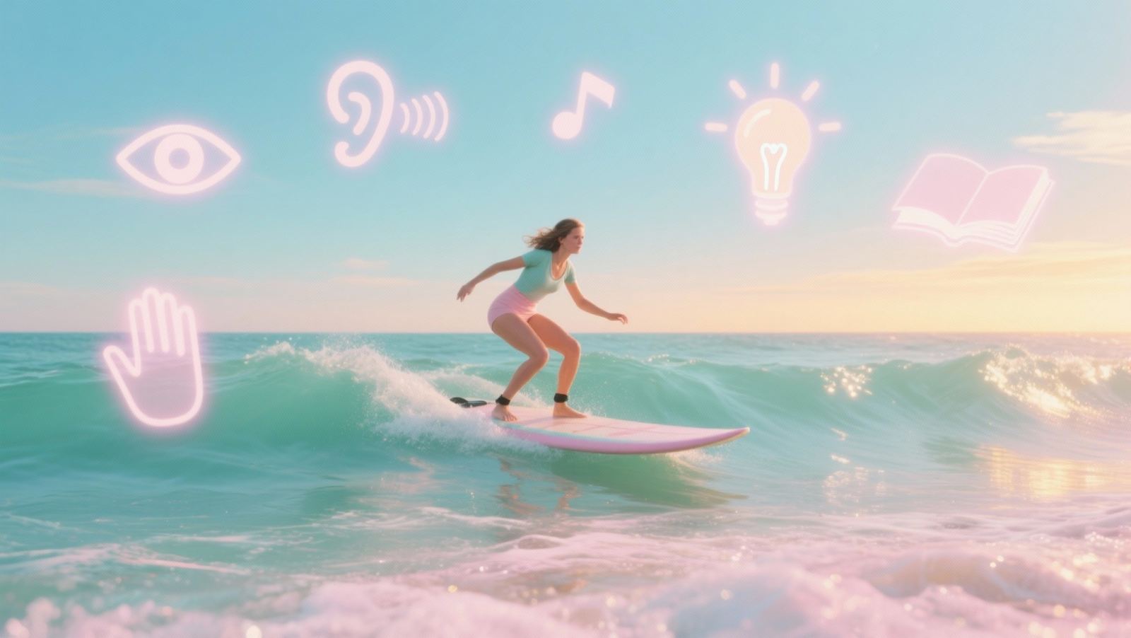 Ilustracja: surferka na fali, nad nią ikony zmysłów i nauki