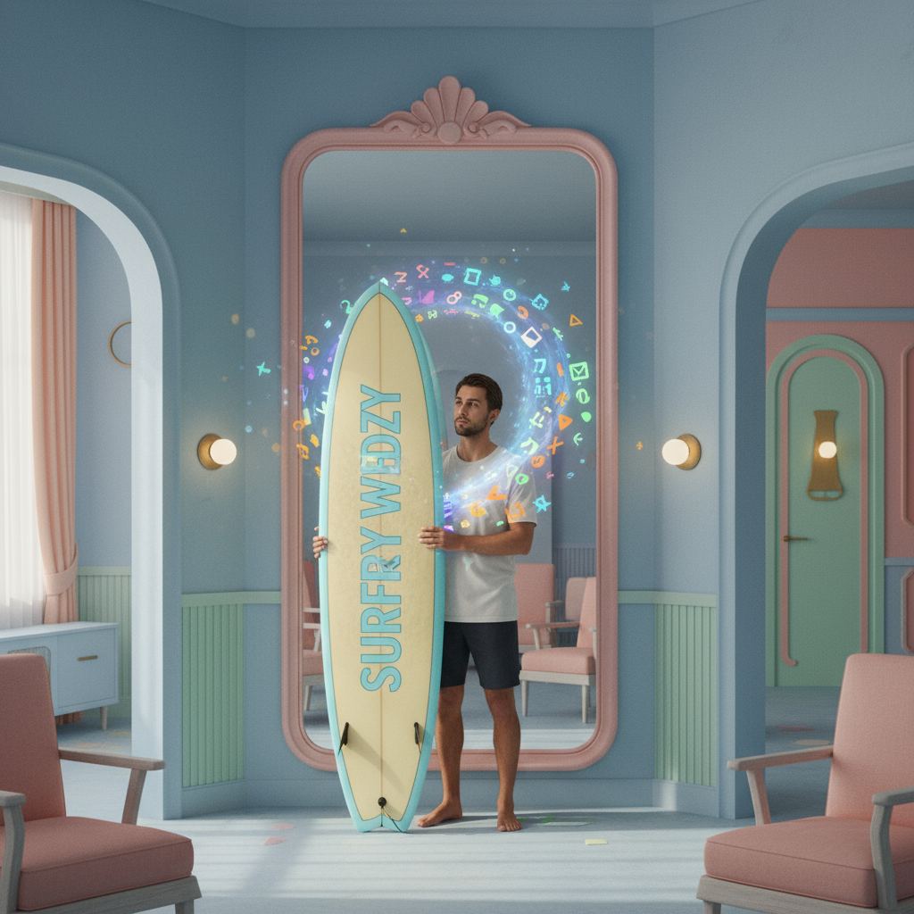 Ilustracja: surfer z deską Surferzy Wiedzy przed lustrem