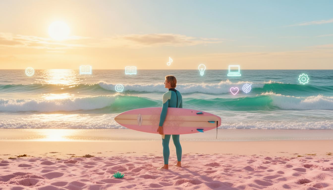 Ilustracja: surfer na plaży